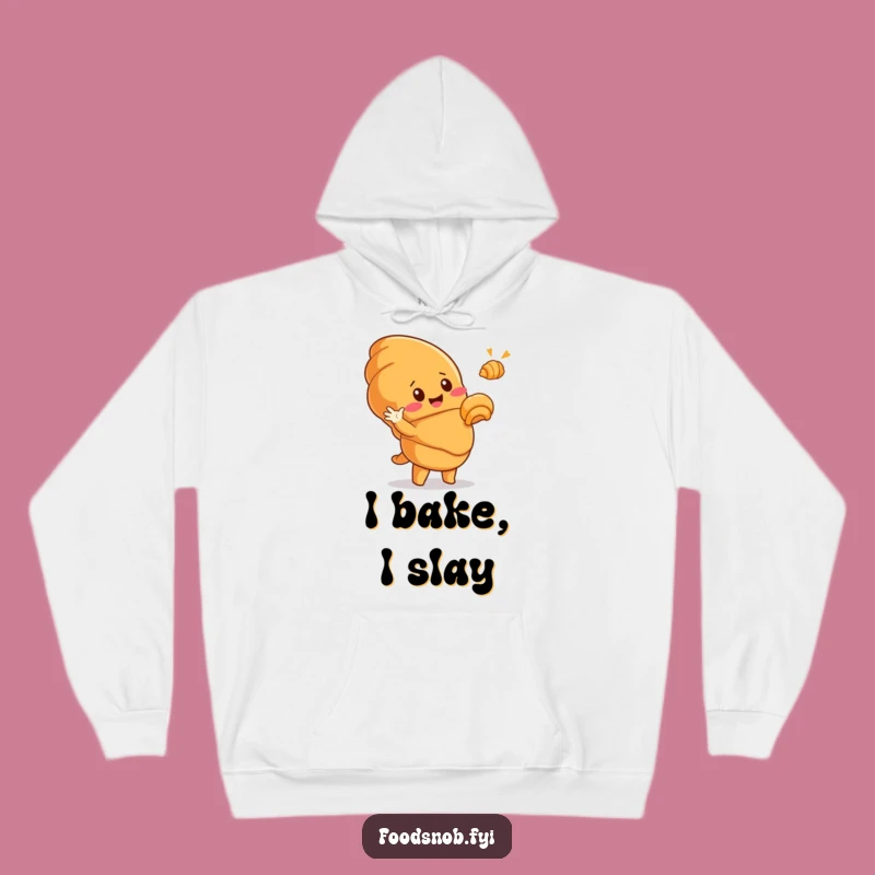 Cozy Funny Croissant Hoodie: Cute Pastry Character Hilariously Gestures to Tiny Croissant Treat