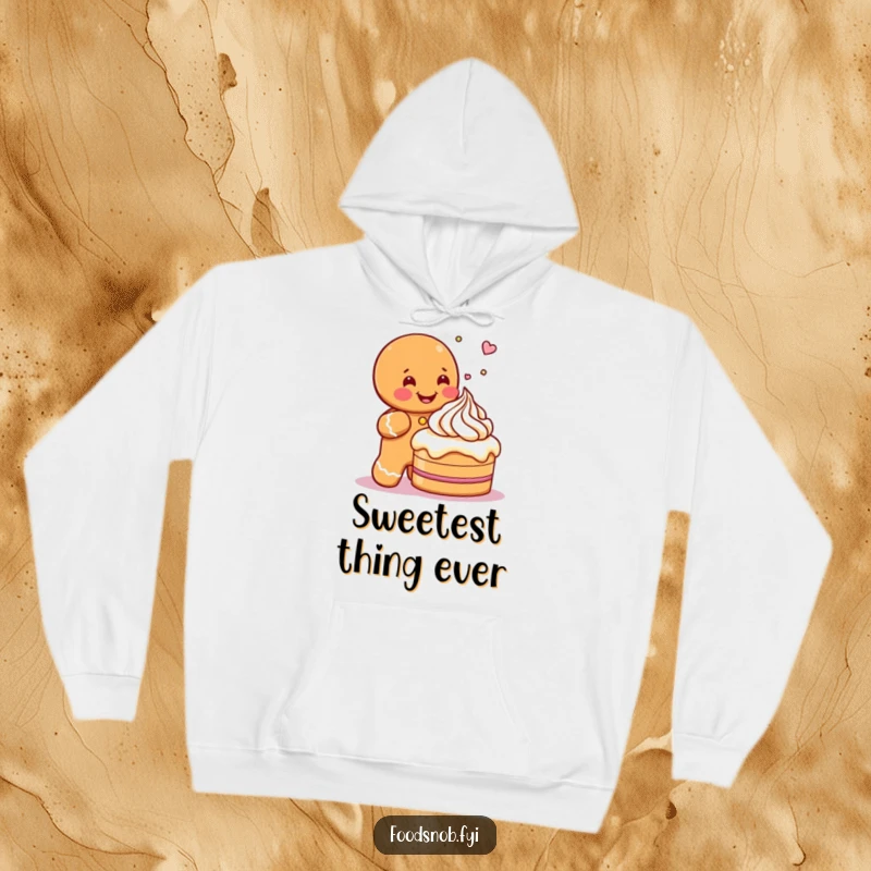 Funny hoodie showcasing a gleeful gingerbread man character adding icing to a small cake, perfect for cozy holiday moments.
