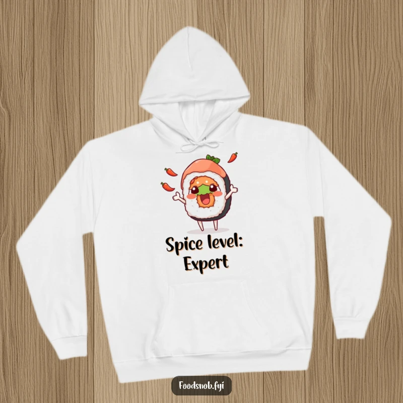 Funny hoodie with a cheerful sushi roll character enthusiastically juggling small chili peppers, offering warmth and spicy humor.