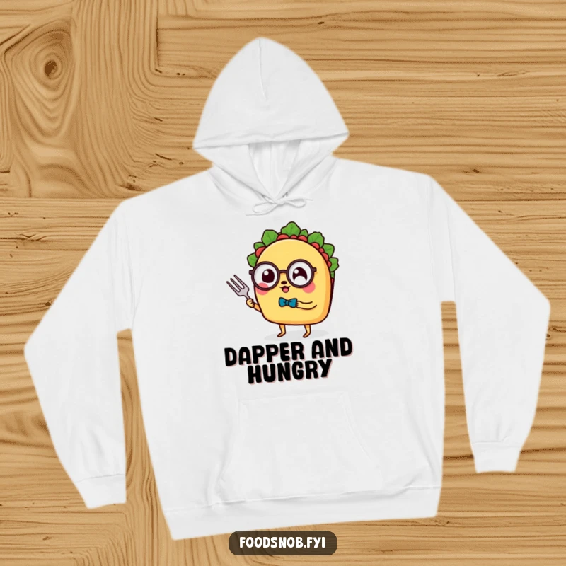 Funny Hoodie: A distinguished taco with tiny legs, monocle, and fork, looking elegant and cozy, perfect for a funny gift.