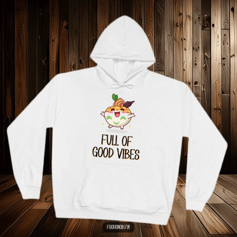 Funny hoodie featuring a round, bouncy ramen bowl character full of enthusiasm, offering warmth and humor.