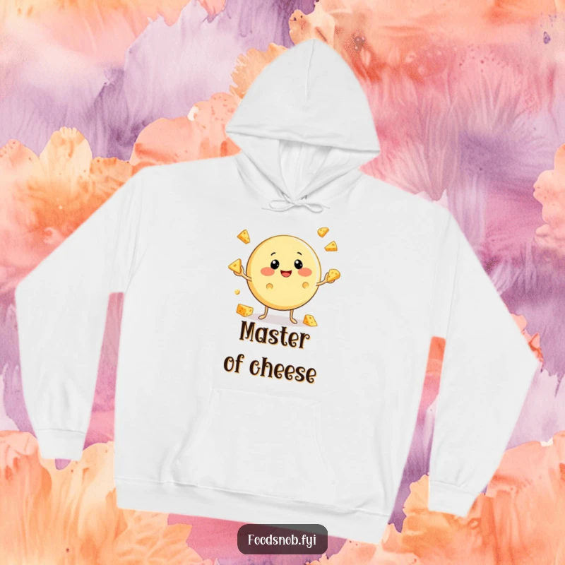 Funny Cheese Hoodie: A warm hoodie displaying a contented cheese character juggling several small cheese pieces, perfect for cozy humor.