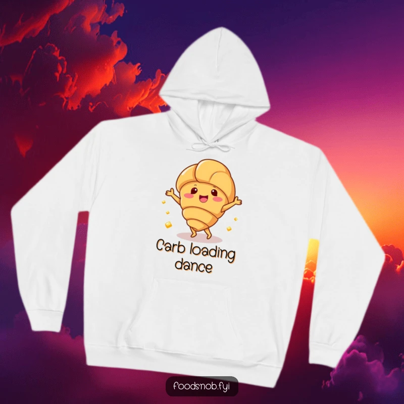 Funny hoodie with a happy croissant character dancing merrily with small butter pats, offering cozy comfort.