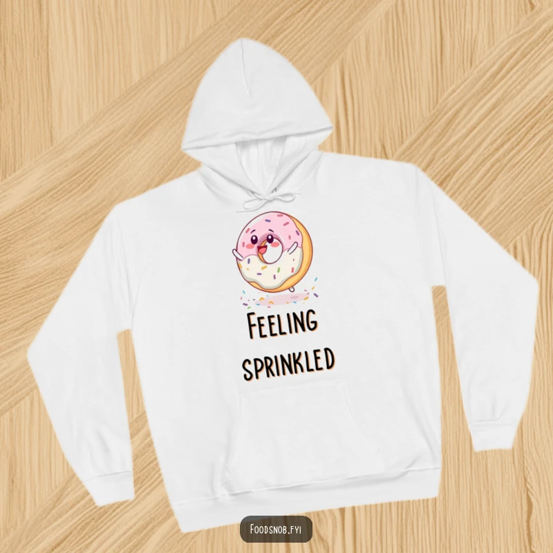 Funny delighted donut character spinning joyfully on sprinkles, depicted on a warm and cozy hoodie.