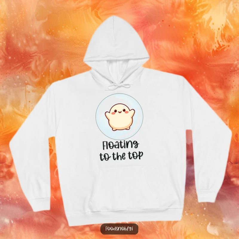 Funny hoodie with a pleased dumpling character drifting serenely upwards on a buoyant bubble, symbolizing carefree bliss and happiness.