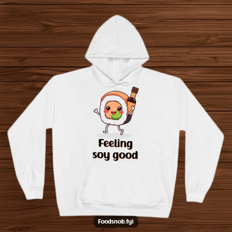 Funny Kawaii sushi hoodie, a sushi roll dancing with a soy sauce bottle, providing warmth and a humorous, playful feel.