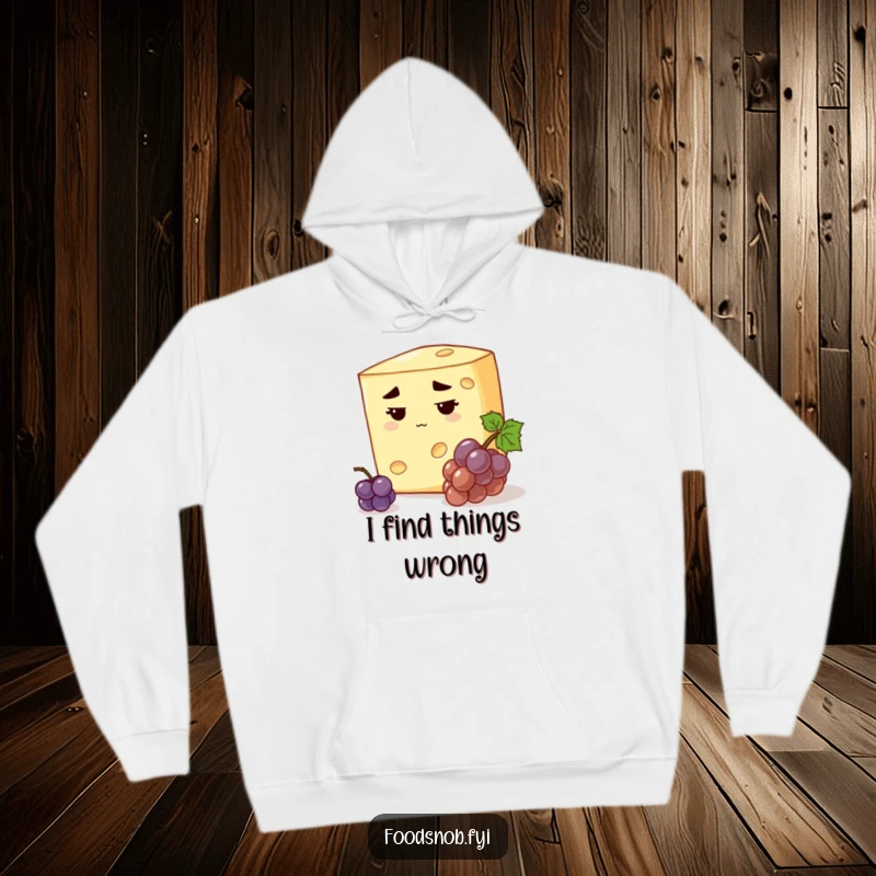 Funny stern cheese hoodie with a discerning cheese, stern expression, inspecting a tiny grape, cozy and witty comfort gift.
