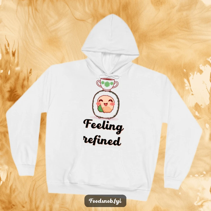 Funny hoodie depicting a smiling sushi roll character happily balancing a tiny teacup on its head, radiating calm.