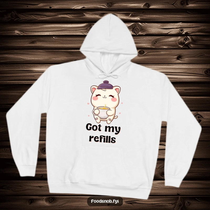 Funny smiling boba tea character winking with a tiny teacup, featured on a cozy, warm hoodie.