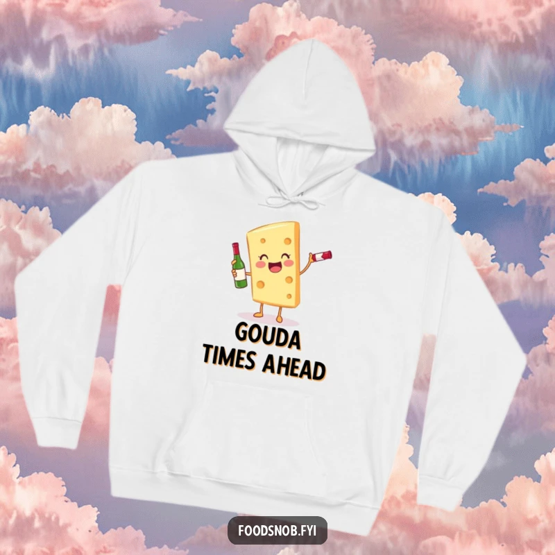 Funny cheese slice character balancing a tiny wine bottle on a cozy hoodie, designed for ultimate comfort and humor.