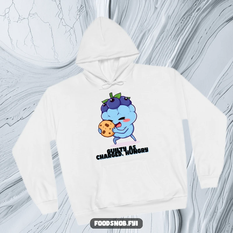 Funny hoodie featuring a blueberry character caught mid-cookie steal, perfect for a humorous and cozy gift.