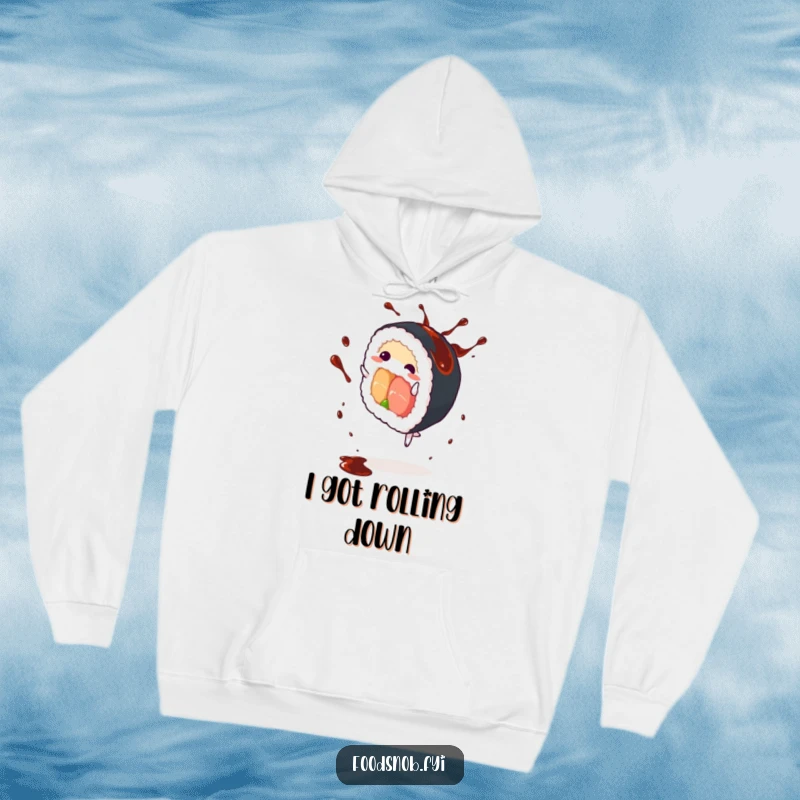 Funny Sushi Roll Hoodie: A lively sushi roll character doing a cartwheel, with soy sauce splashing dramatically, a warm and humorous garment.