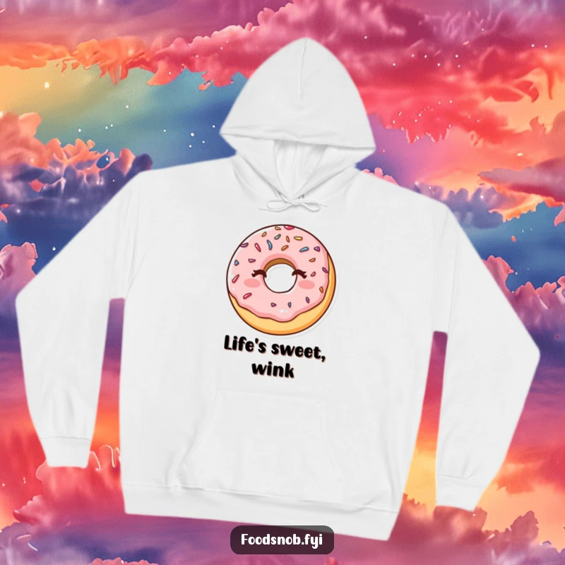 Funny hoodie showcasing a happy donut with sprinkles winking cheekily, offering cozy warmth and a dose of sweet, humorous charm.