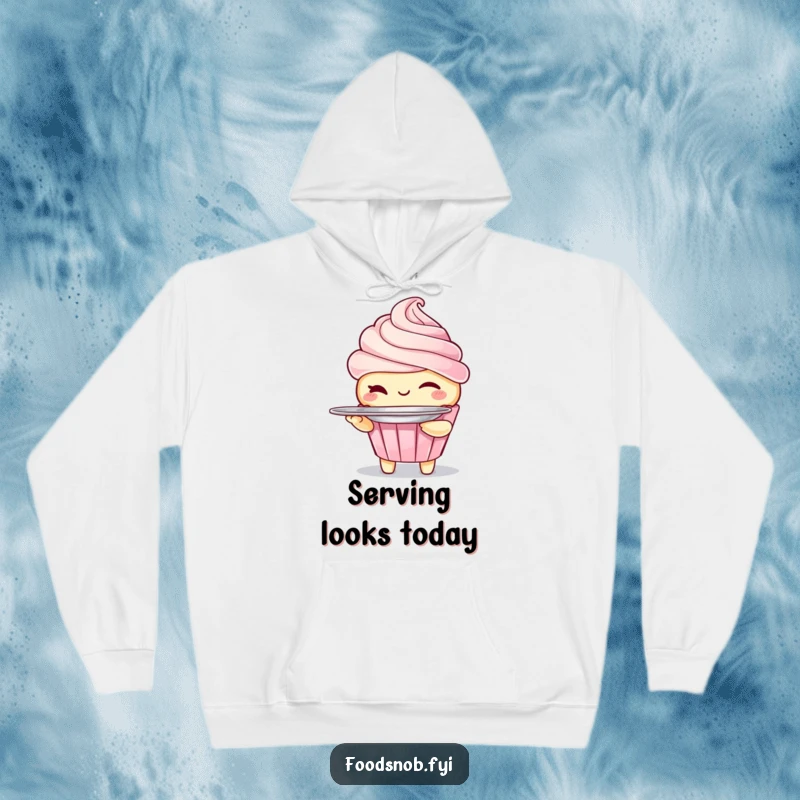 Funny hoodie with a winking cupcake character holding a small silver platter, offering warmth and sweet charm. A cute dessert collection.