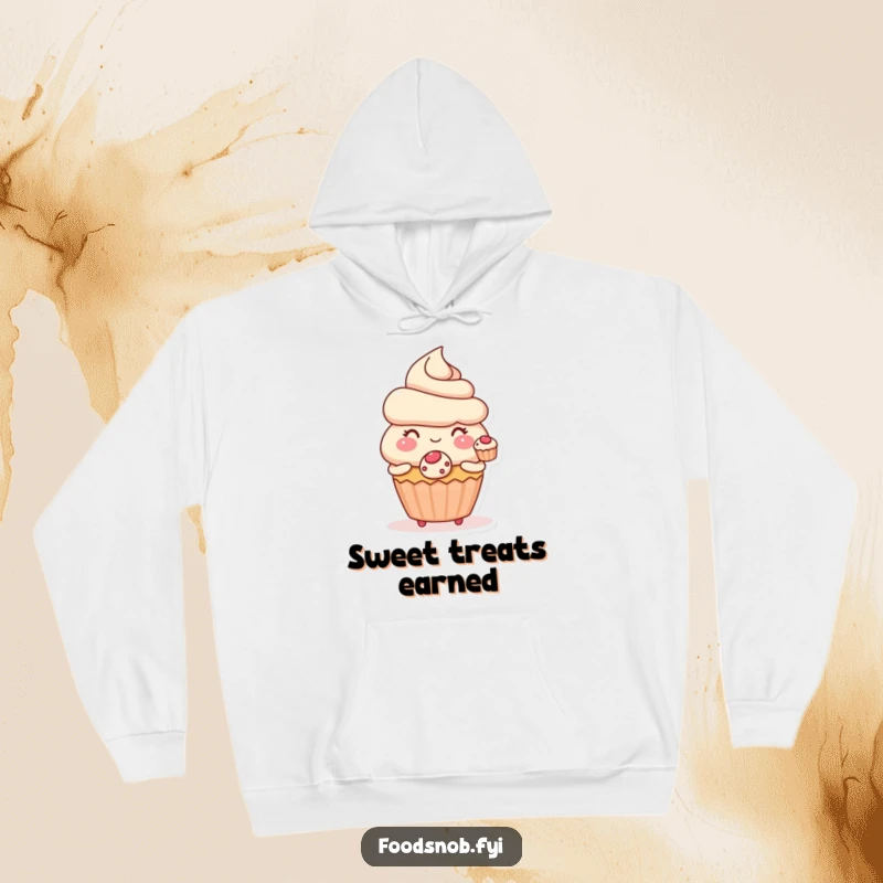 Funny hoodie showcasing a blushing cupcake character offering a miniature pastry, perfect for cozy, kind, and humorous wear.