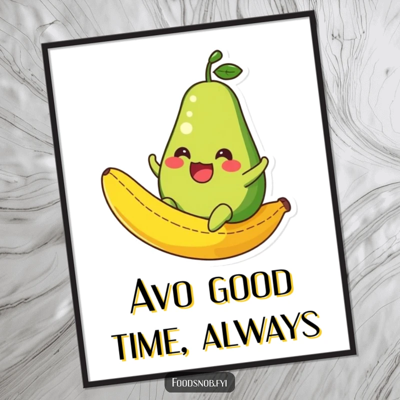 Funny Free Printable Wall Art: An anthropomorphic avocado character gleefully sliding down a banana peel, full of comedic action.