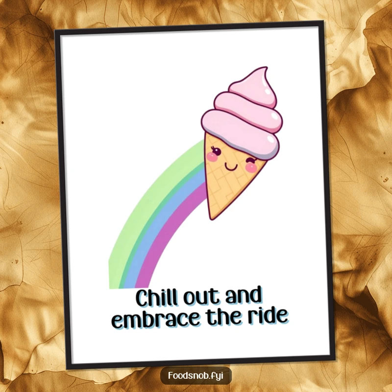 Funny Free Printable Wall Art featuring a smiling kawaii ice cream cone gleefully sliding down a rainbow, a cheerful piece of downloadable art.