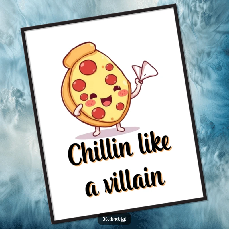 Funny Free Printable Wall Art: Contented pizza slice character receiving a fanning with a napkin, fun downloadable art.