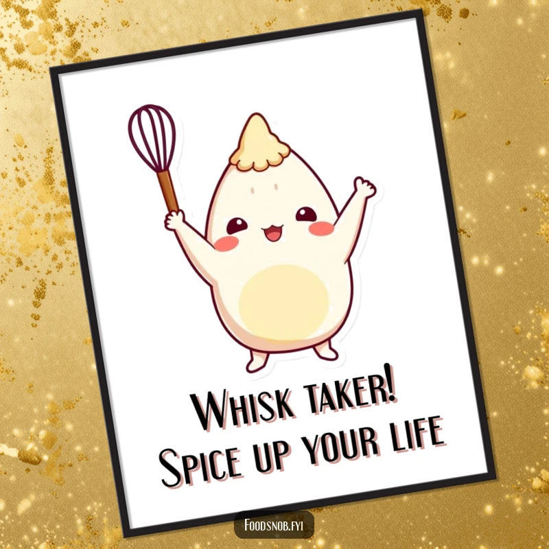 Funny Free Printable Wall Art: Cheerful burrito character triumphantly raising a tiny whisk, perfect for a humorous kitchen vibe.