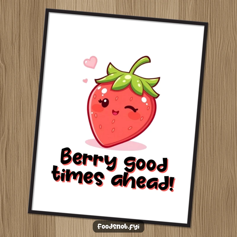 Funny Free Printable Wall Art: A bubbly, winking strawberry character sprinkles sugar, adding a sweet touch.