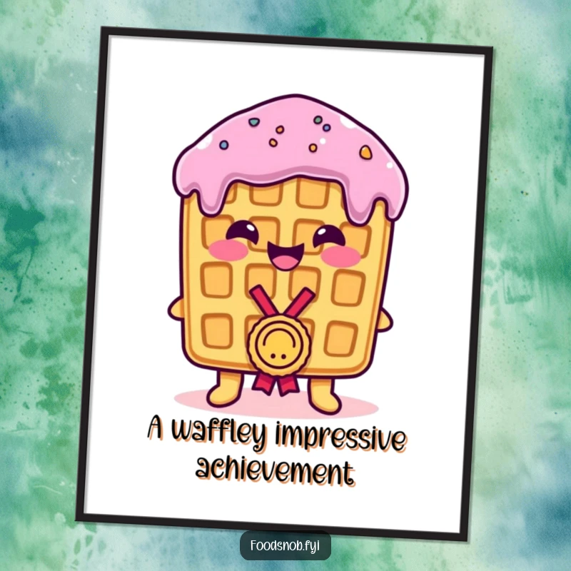 Funny Free Printable Wall Art: A smiling waffle proudly holding a tiny medal, radiating happiness and achievement.