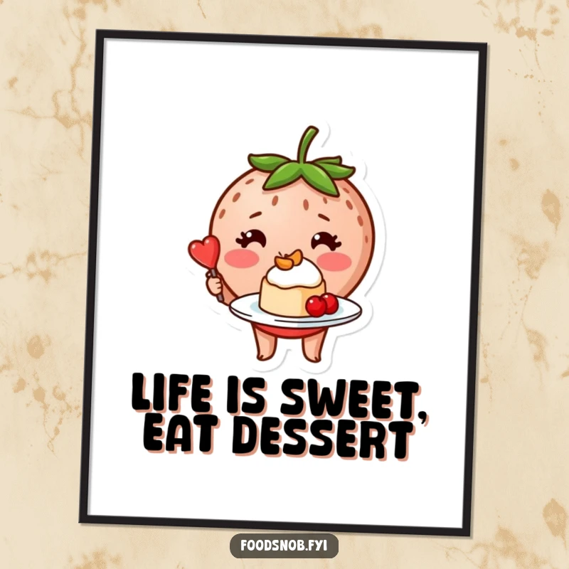 Funny Free Printable Wall Art: A blushing strawberry character proudly displaying a miniature, perfectly plated dessert, a delightful addition to any kitchen.