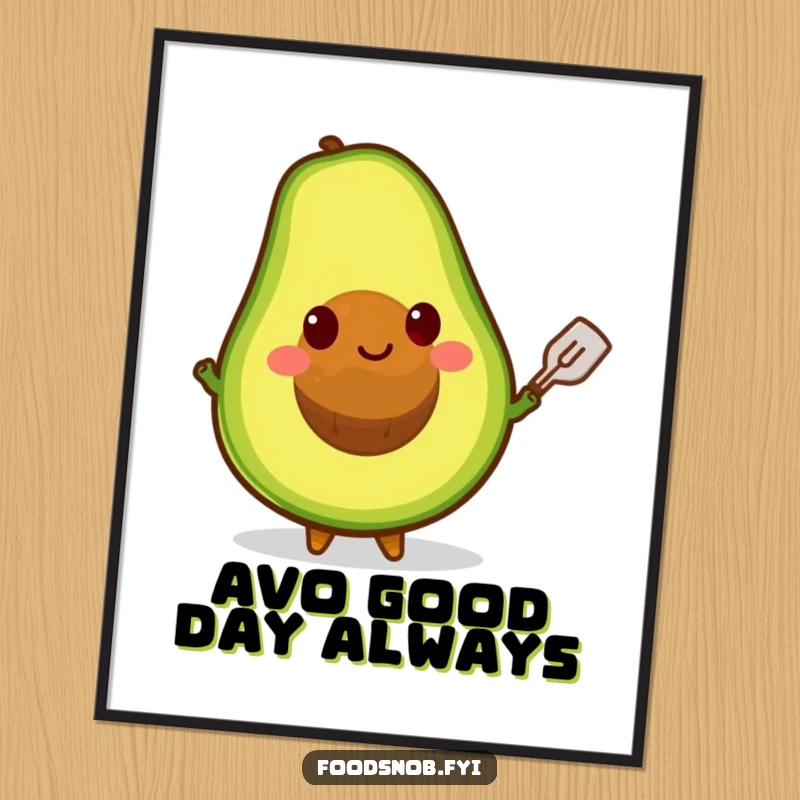 Funny Free Printable Avocado Wall Art: A smiling avocado character impressively balances its pit using a tiny spatula. Quirky decor.