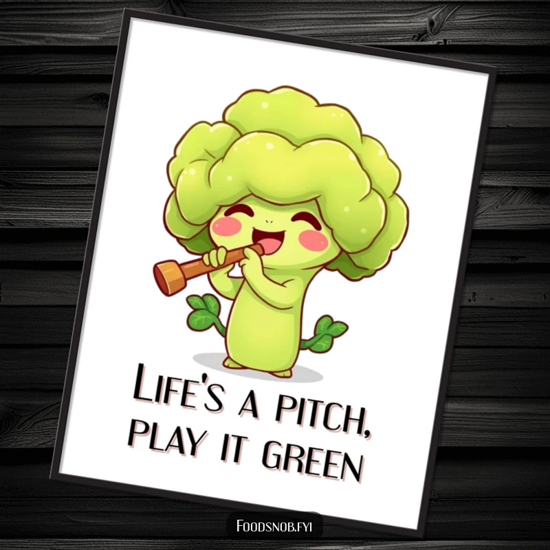 Funny Free Printable Wall Art: Vibrant broccoli sprout character joyfully playing a tiny flute, a musical and downloadable decor piece.