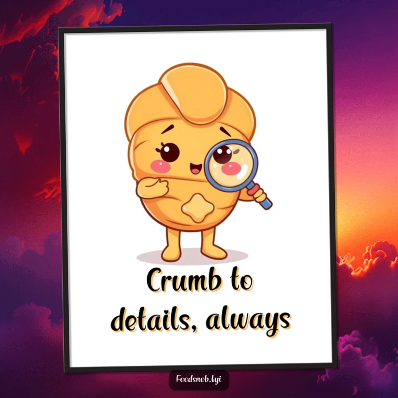 Funny Free Printable Wall Art: Proud croissant character examining a crumb with a tiny magnifying glass, a humorous and detailed downloadable piece.