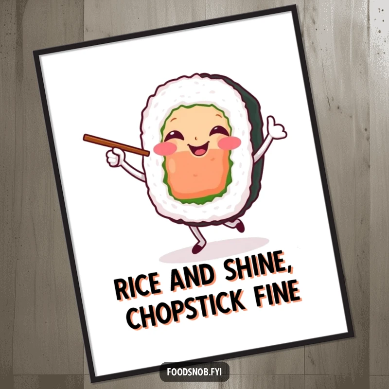 Funny Free Printable Wall Art: A smiling sushi roll character doing a happy dance with chopsticks, bringing joy and movement.
