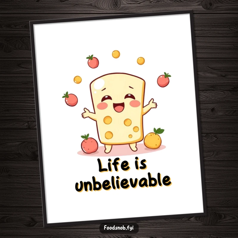 Funny free printable wall art depicting a bubbly cheese character giggling while juggling an assortment of tiny fruits, playful decor.