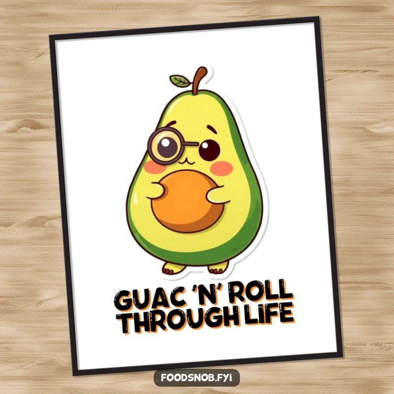 Funny free printable wall art showcasing a plump avocado character wearing a tiny monocle with a thoughtful expression, quirky decor.