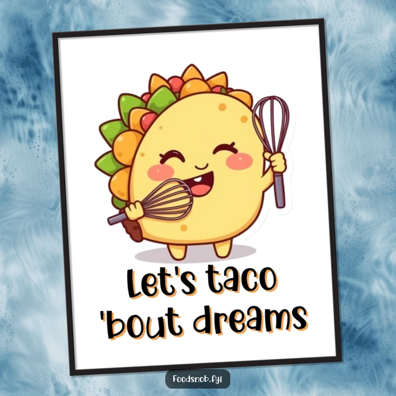 Funny free printable wall art depicting a smiling taco character winking mischievously while holding a tiny whisk, colorful decor.