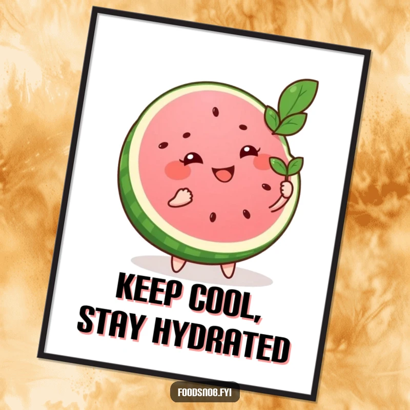 Funny Free Printable Wall Art: A beaming watermelon slice excitedly fanning itself with a tiny leaf, adding quirky charm.