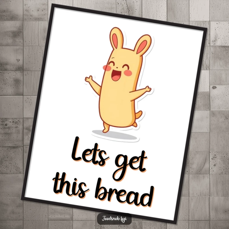 Funny Free Printable Wall Art: A thrilled baguette character doing a happy hop with a smile, whimsical downloadable art for any room.