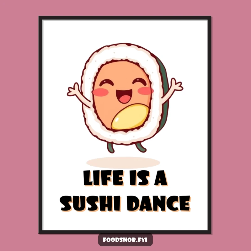 Funny Free Printable Wall Art: Dancing Sushi Roll, Playful Downloadable Decor