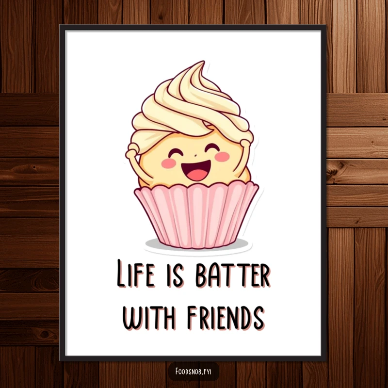 Funny Free Printable Wall Art: Smiling cupcake character frosting a larger cupcake, a sweet and humorous downloadable piece.