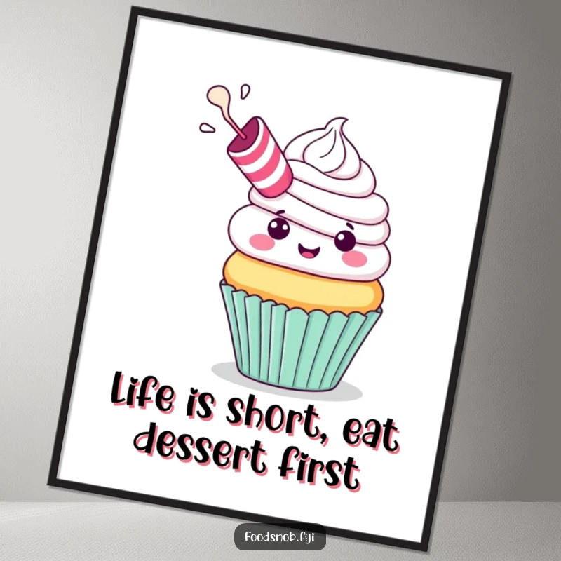 Funny Free Printable Wall Art: A cheerful cupcake with a tiny party blower, exhaling a delightful puff of frosting.