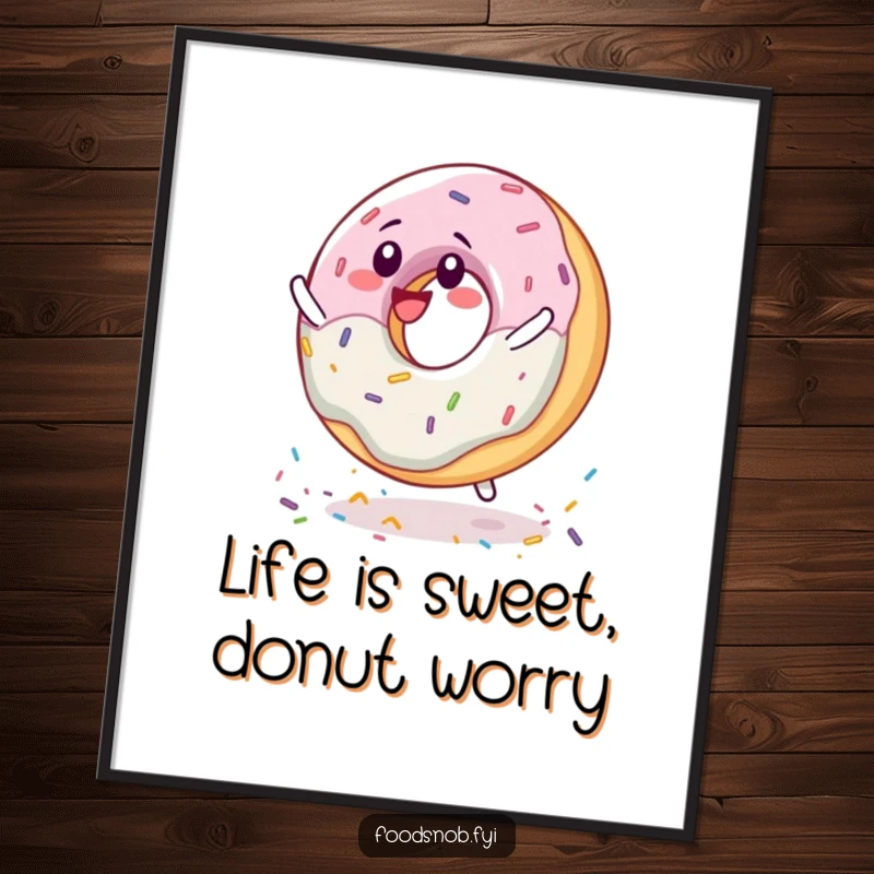 Funny Free Printable Wall Art: A happy donut character spinning on its sprinkles, ideal for whimsical downloadable decor.
