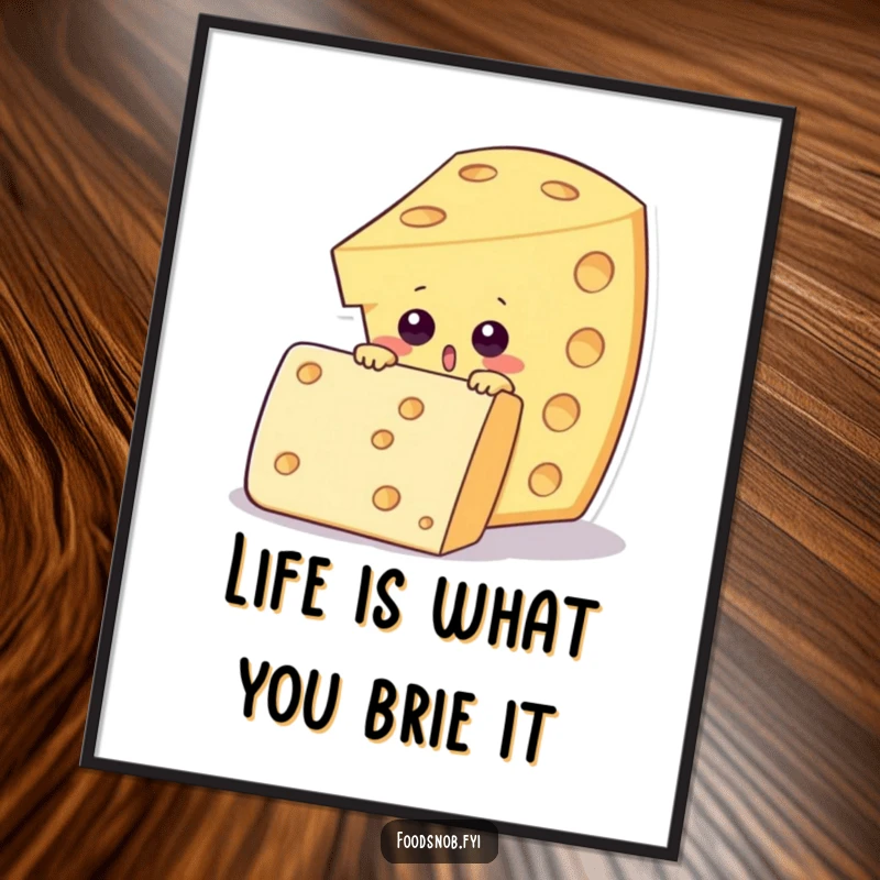 Funny Free Printable Wall Art: Surprised cheese wedge character peering over an enormous, fancy cracker.
