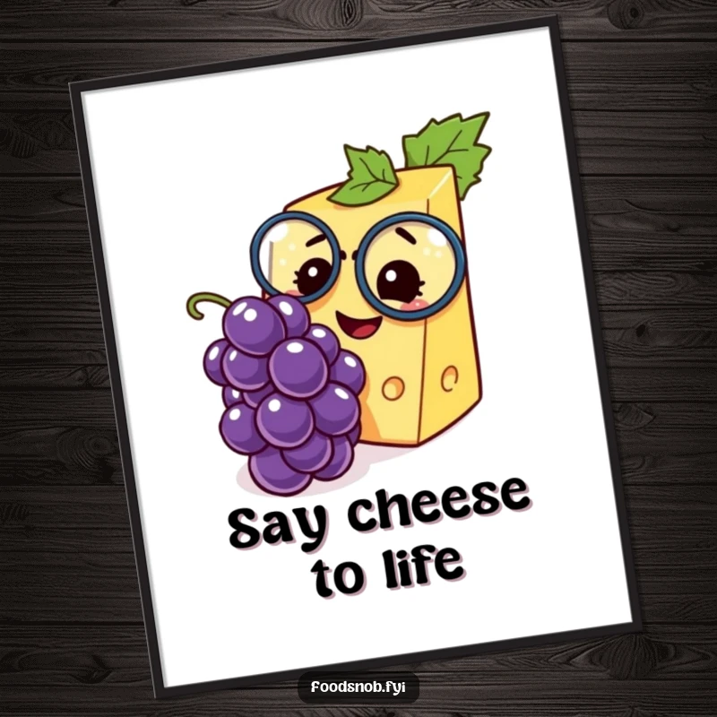 Funny Free Printable Wall Art: Amused cheese wedge character wearing a monocle inspects a miniature grape with sheer delight for kitchen decor.
