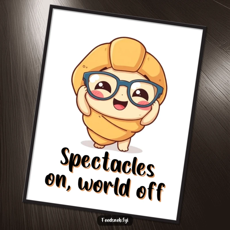 Funny Free Printable Wall Art: A giggling croissant attempts to put on tiny spectacles, creating a whimsical decor piece.