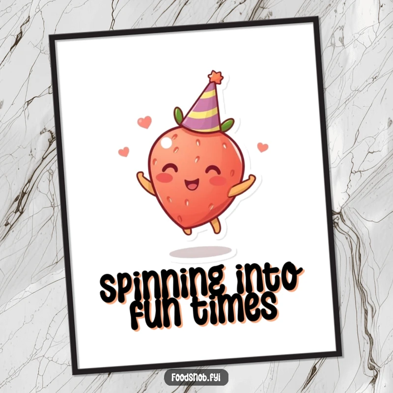 Funny Free Printable Wall Art: A delighted strawberry in a tiny party hat spins exuberantly, a cheerful decor piece.