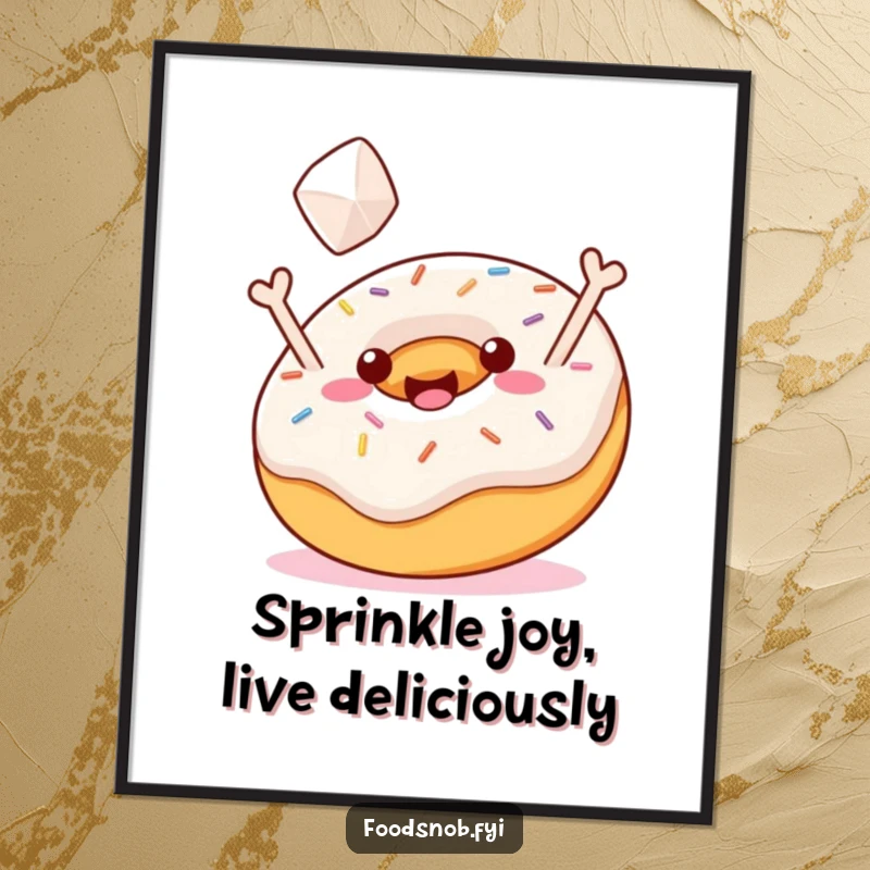 Funny Free Printable Wall Art: A jubilant donut with sprinkles gleefully tossing a tiny sugar cube into the air.