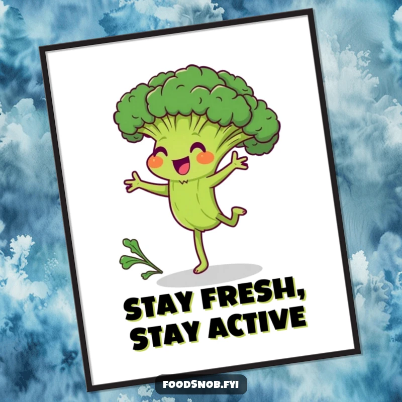 Funny Free Printable Wall Art: Joyful broccoli character in mid-cartwheel, a humorous and energetic downloadable art.