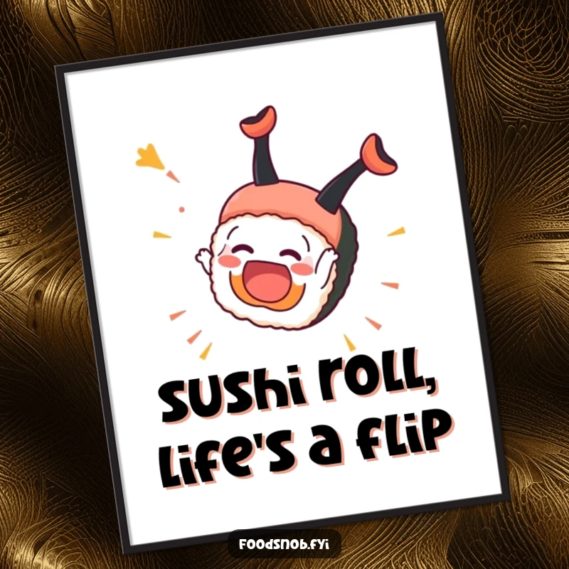 Funny Free Printable Wall Art: Overjoyed sushi piece doing a celebratory somersault, bringing playful, hilarious vibes to any room, downloadable decor.