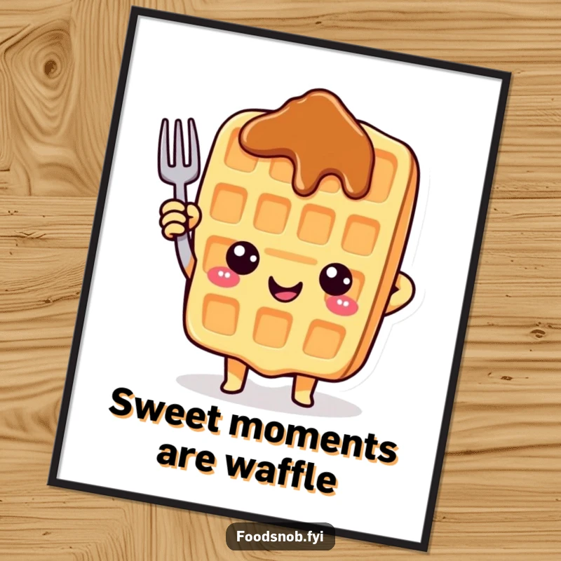 Funny Free Printable Wall Art: A cheerful waffle character with a syrup smile excitedly points upwards with a tiny fork, bringing joy.