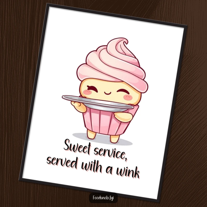 Funny Free Printable Wall Art: Winking cupcake character holding a tiny silver platter, a sweet and whimsical downloadable piece.