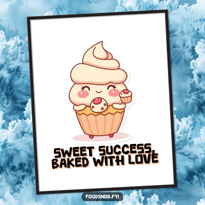 Funny Free Printable Wall Art: A cute, blushing cupcake character shyly presents a tiny, perfect pastry with a sweet expression.