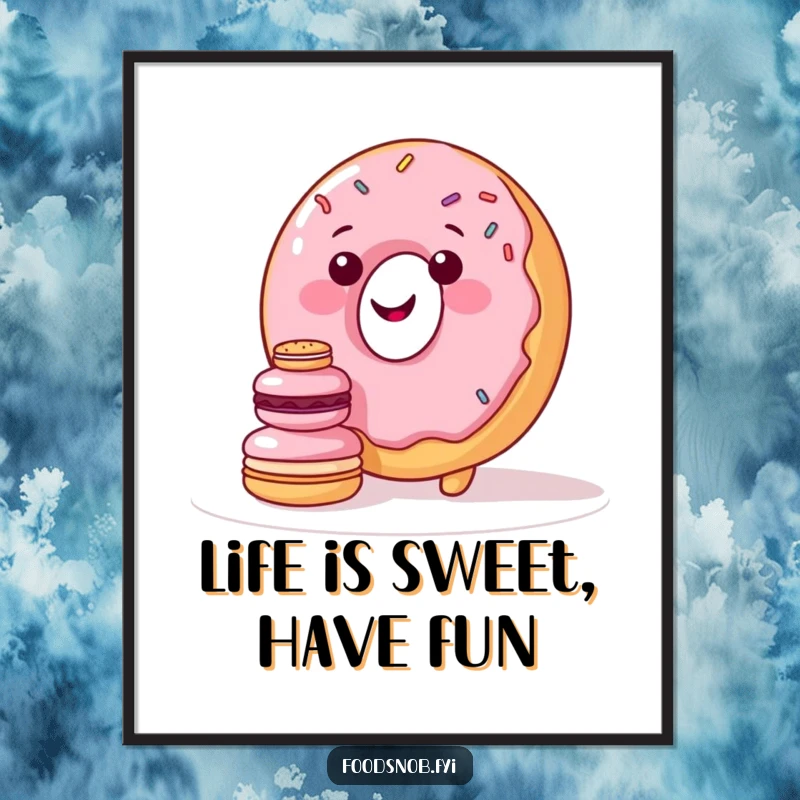 Funny Free Printable Wall Art: A smiling donut character with colorful sprinkles excitedly tries to stack tiny macarons perfectly.